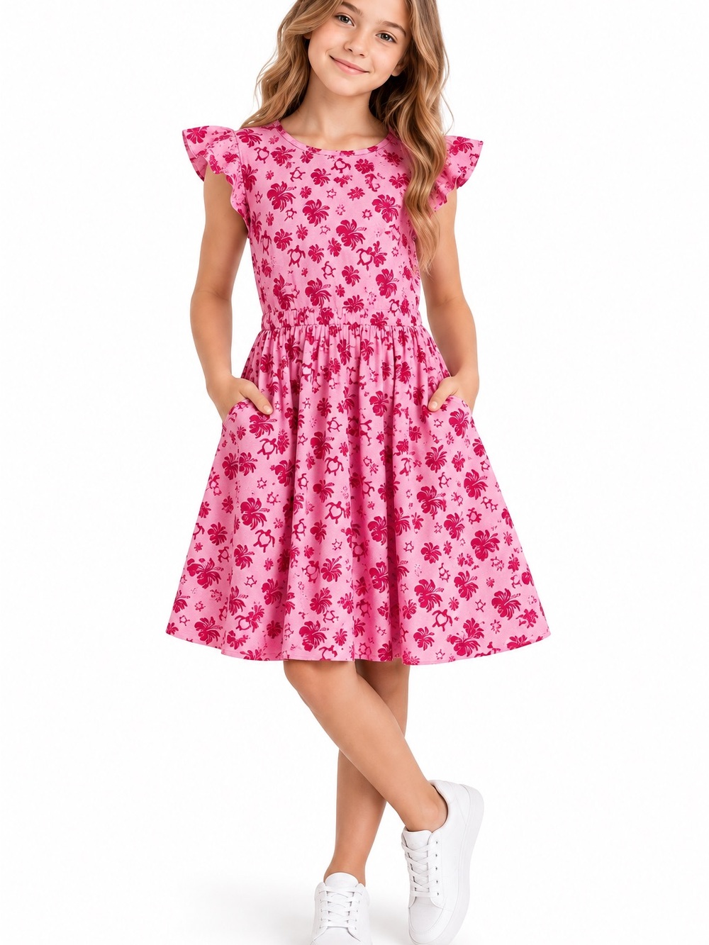 Vilebrequin Girls Pink Turtle & Hibiscus Dress 14A/ 158 cm Organic Cutton